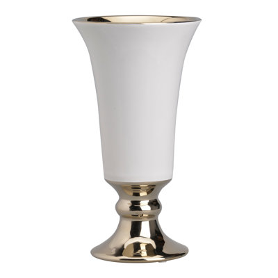  10 Inch Ceramic Vase with Flared Top and Pedestal Base, White and Gold