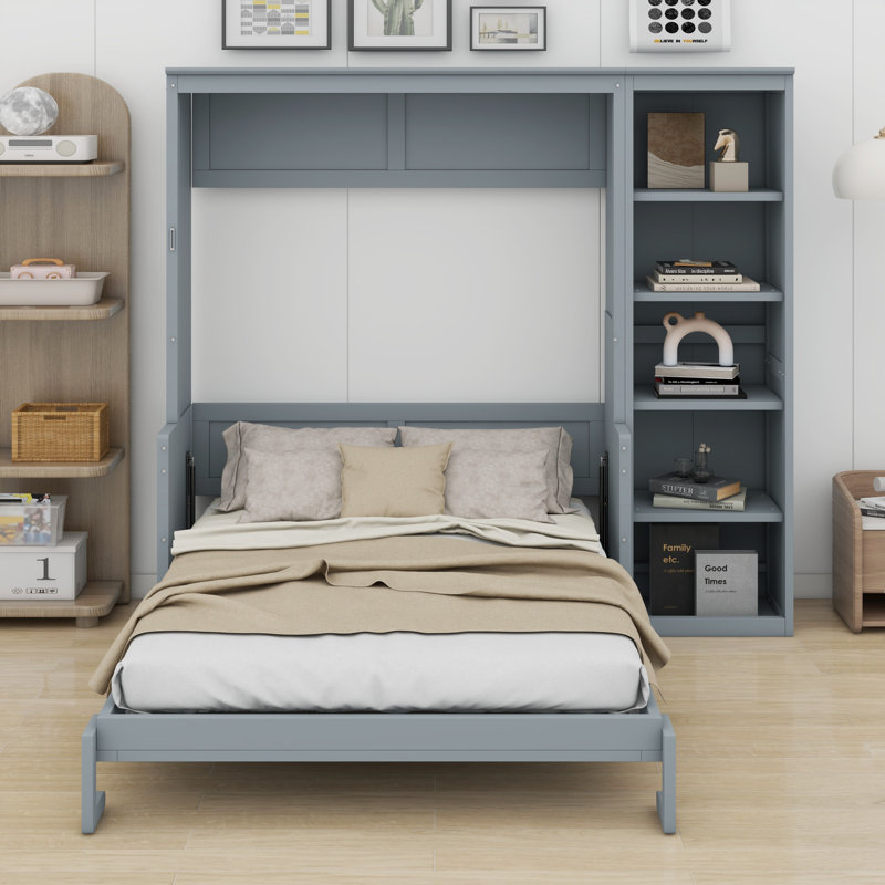 Lit escamotable avec bureau et bibliothèque Murphy, gris, Full