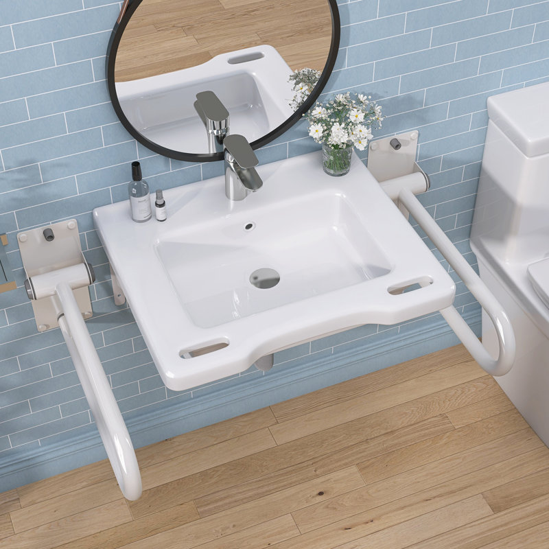 24" W X 20" D ADA Compliant Ceramic Bathroom Sink Wall-Mounted Rectangular White Sink Wall Hung Accessible Vessel Sink with Integrated Handles & Single Pre-Drilled Faucet Hole