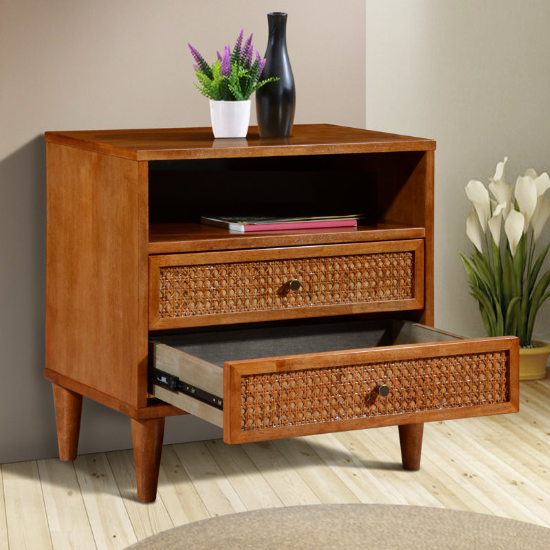 Ingraham 23.6" W Mid-Century Modern Solid Wood Cane 2-Drawer Nightstand & Open Shelf, Brown