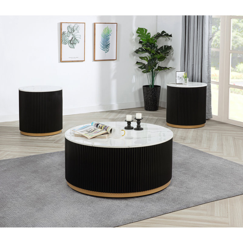 3 pièces Modern Cocktail For Living: 1 table basse, 2 tables de bout, plateau d'inspiration marbre, base, table de base au fini doré dans le style: A Chic Home