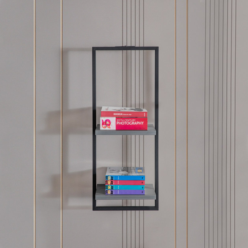 Élégante tablette murale avec cadre en métal, cobalt et noir, 11,0 x 28,0 x 7,1 pouces | 100% panneau de particules enduit de mélamine, épaisseur: 0,7 pouce | Parfait pour la décoration intérieure, l'organisation et la présentation des articles essentiels