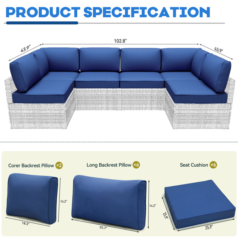 Ensemble de 14 coussins d'extérieur pour 7 pièces, ensemble de conversation en rotin, coussins de remplacement pour meubles de patio, coussins de canapé de remplacement de 4 pouces
