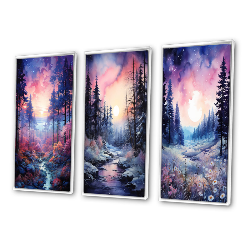 «Pine Tree Winter Twilight», 3 pièces sur toile, Cadre flottant blanc, H 40 po x l 60 po