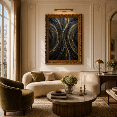 Toile murale à motifs tourbillonnants abstraits noirs et dorés