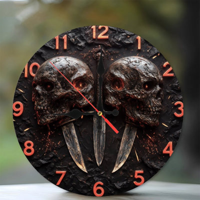 Fiery Skull Clock With Daggers