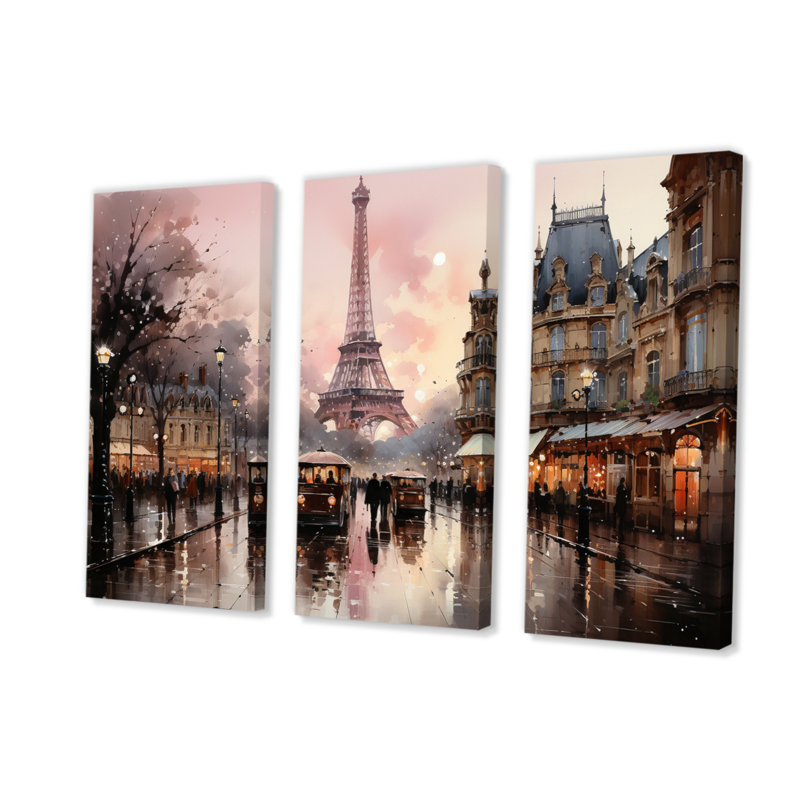 «Pink Twilight Rendezvous In Paris I», reproduction sur toile 3 pièces, H 40 po x l 60 po x P 1 po