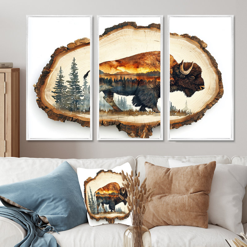 Portrait de bison américain en double exposition Canyon III - art mural bison - ensemble de 3, H 32 po x l 48 po, Blanc