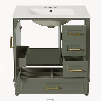 Meuble-lavabo de 76 cm (30 pouces) avec lavabo en céramique, porte à fermeture amortie avec tablette intégrée, tiroir profond et tiroir séparateur.