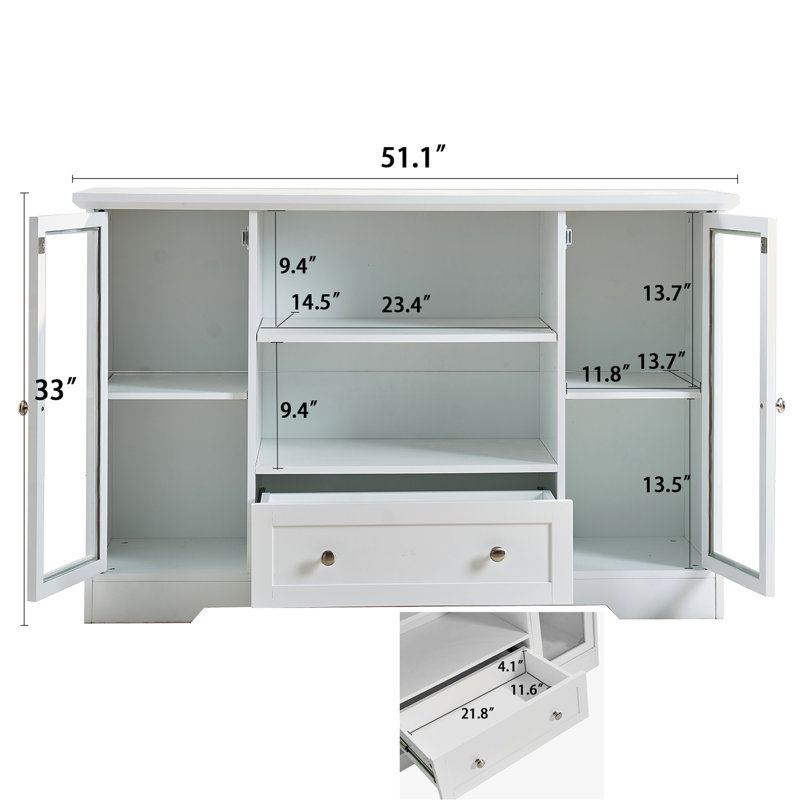 White 51" Sideboard Cabinet With 2 Glass Doors And Open Shelves, Stylish Storage For Bedroom Multi-Functional Drawers, Adjustable Ideal Kitchen Study