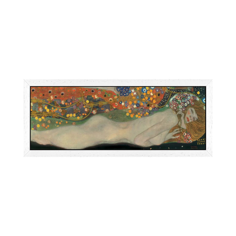 Sea Serpents, Detail IV by Gustav Klimt - Panoramic Painting on Canvas, 30.48 cm H x 91.44 cm W, White Framed