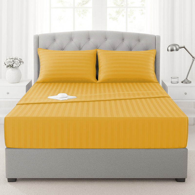 200 Thread Count Microfibre Stripe Fitted Sheet 40cm, Ochre, Double (4'6)