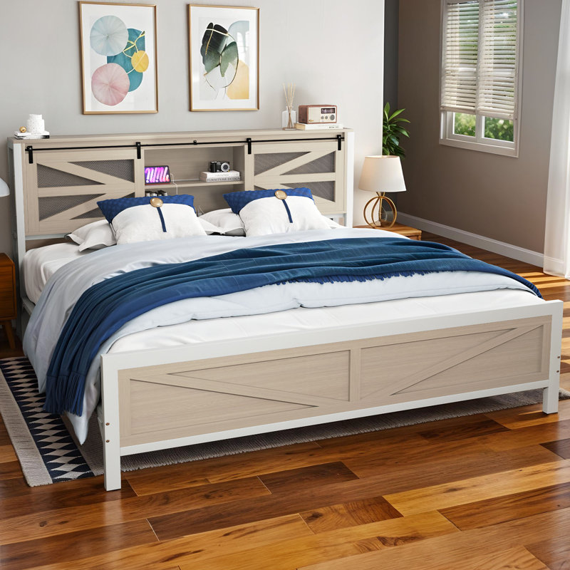 Farmhouse Platform Storage Bed with Bookcase Headboard and LED Lights, King, Brown