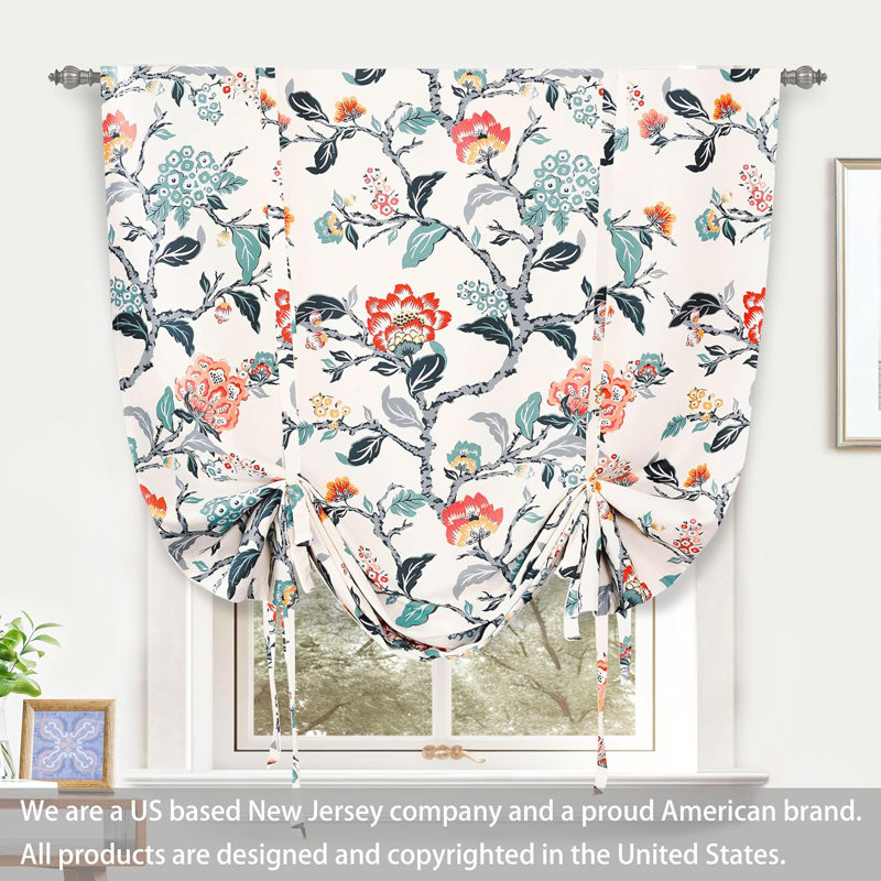 Albery Print Floral Blackout Thermal Rod Pocket Single Curtain Panel Tie Up Curtain, 45" W x 63" L
