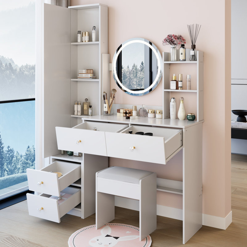 White American Design Dressing : 17" Diameter Touch - Sensitive 3 Color Led Mirror, Full Body Mirror Cabinet And Cushioned Stool With Large Sized Storage Cabinet, Vanity Table Adjustable Brightness