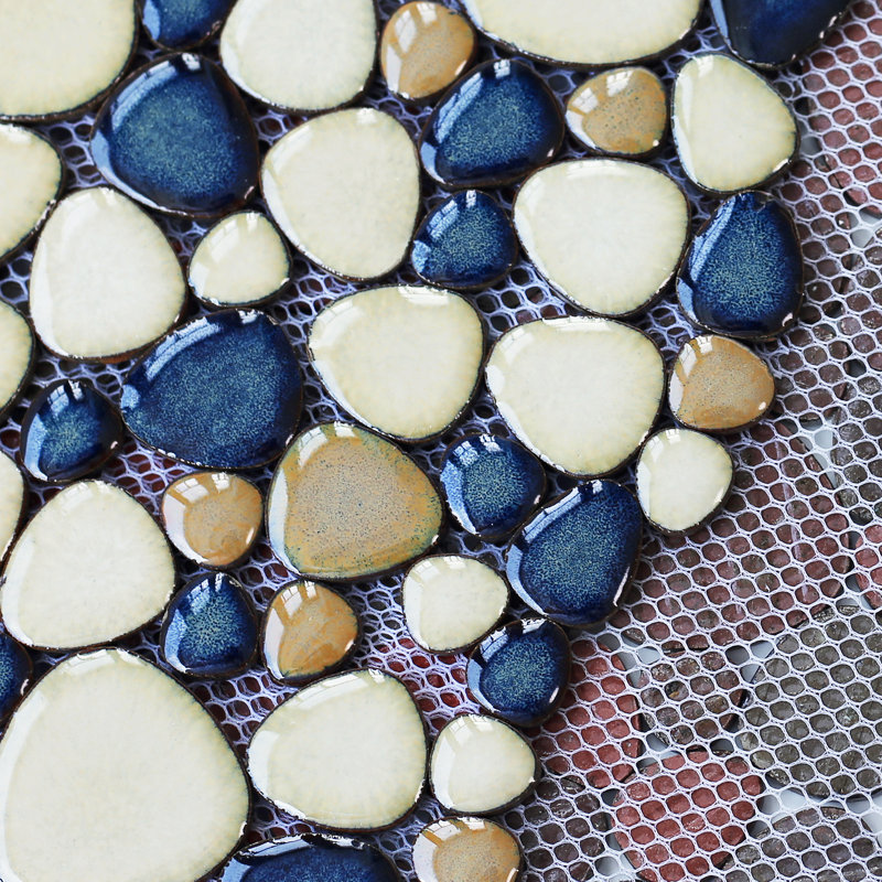 Blue Porcelain Pebbles / Rocks Wall & Floor Tile, Brown/Dark Blue/Ivory