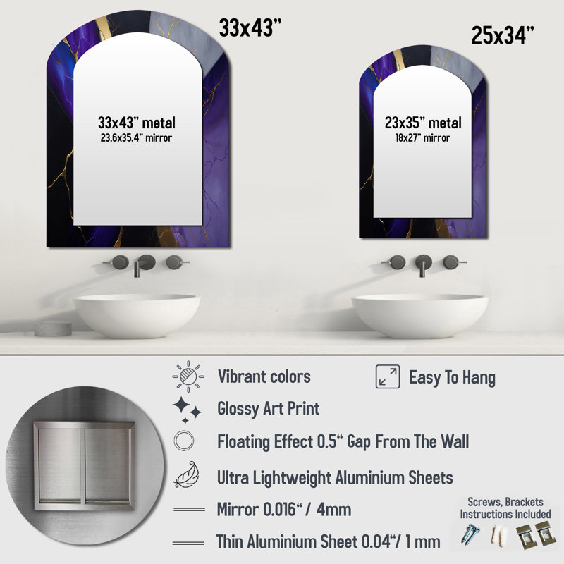 Abstrait géométrique mauve II - miroir mural asymétrique unique en marbre, miroir arqué moderne, impression d'art en métal