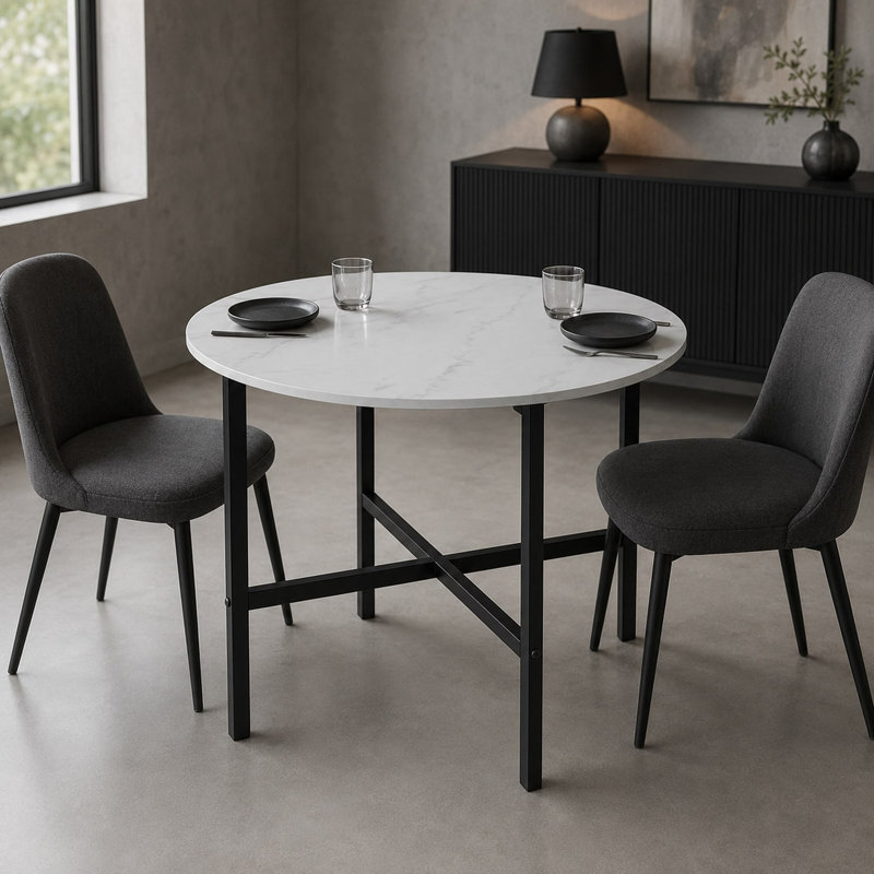 80cm Round Wooden Dining Table with X Frame Metal Legs for Dining Room, White Marble
