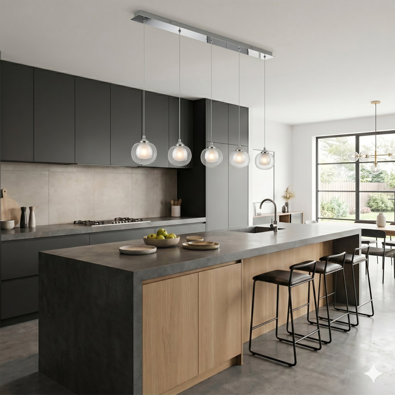 Luminaire suspendu pour îlot de cuisine à 5 lumières Mission, Chrome