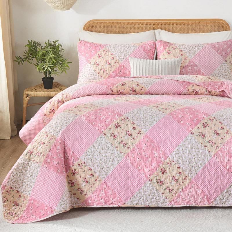Ensemble de courtepointe réversible à motif floral 3 pièces 3 pièces, Courtepointe très grand et 2 très grandes taies
