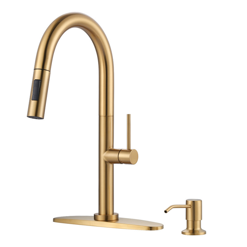 Brushed Gold Stainless Steel Pull Down Kitchen Faucet with Soap Dispenser
