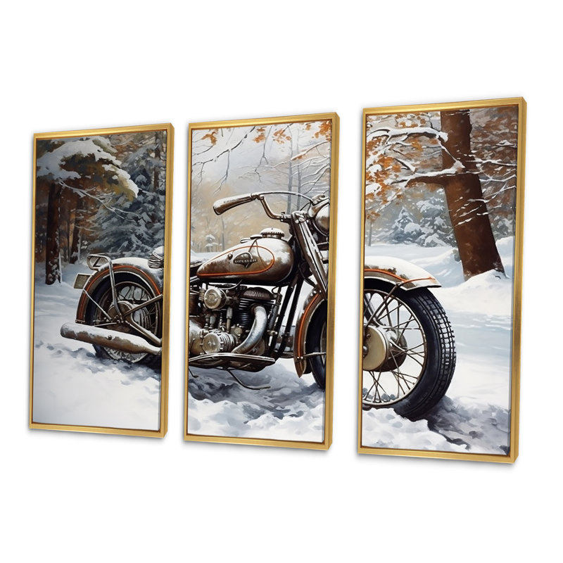 War Rustic War Bike In Winter - ensemble d'art mural moto, Cadre flottant doré, H 32 po x l 48 po x P 1 po