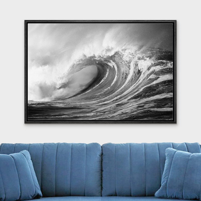 Plage côtière, vagues en noir et blanc, mer nautique, H 16 po x l 24 po, Cadre flottant noir