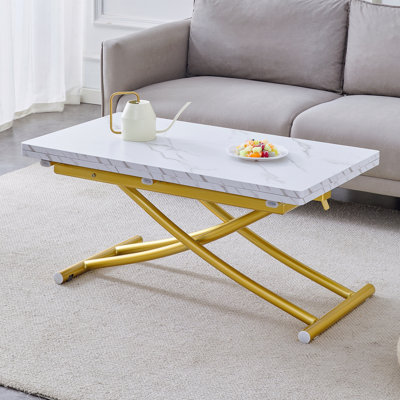 Table élévatrice multifonctionnelle moderne avec plateau en panneau de fibres à densité moyenne de 0,8 po d'épaisseur et pieds en métal doré