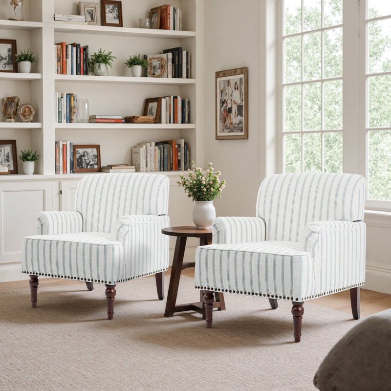 Fauteuil Iliana, Pinstripe Light Blue Linen