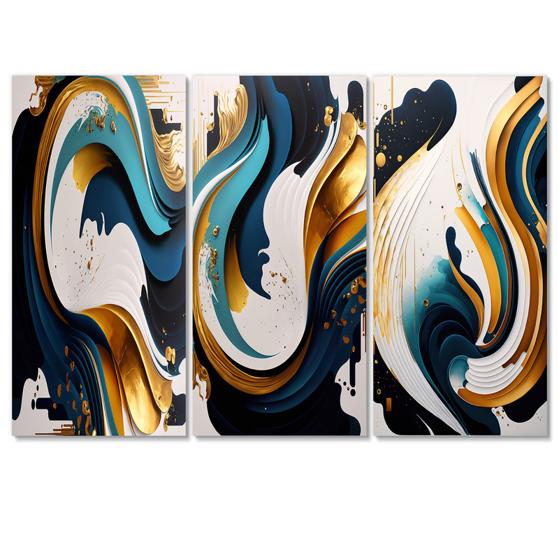 "Blue and Gold Modern Art", peinture abstraite I sur toile, 3 pièces, H 28 po x l 36 po x P 1 po
