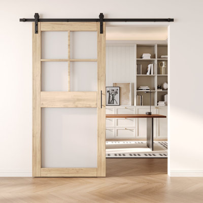 Porte de grange en verre givré non assemblée et non assemblée de 40 po x 84 po à 5 lumières avec trousse de quincaillerie d'installation sans dérivation Homacer