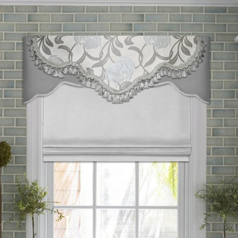 Gray and Beige Scalloped Rod Pocket Valance with Beaded Trim