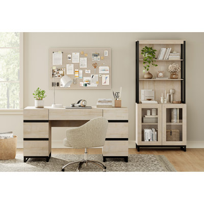Ensemble de bureau à domicile WAMPAT: bureau moderne de 59 po avec station de charge et armoire de rangement, bibliothèques de 72 po de hauteur avec tablettes réglables, bureau d'ordinateur en bois et armoire de rangement pour bibliothèque