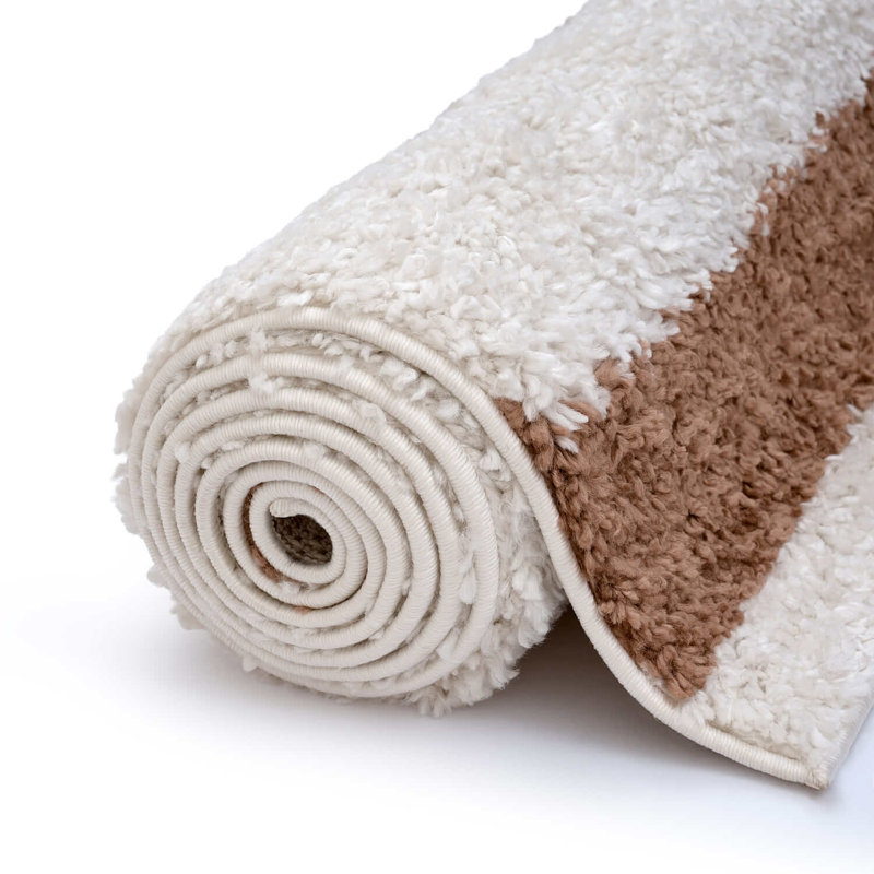 Moodi Modern Shaggy Area Rug Geometric Border Design, Rectangle 80 x 150 cm, Off-White Beige/Terra