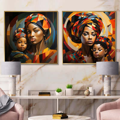 Orange orange, mère et enfant «Bond I» - ensemble d'art mural sur toile Art africain