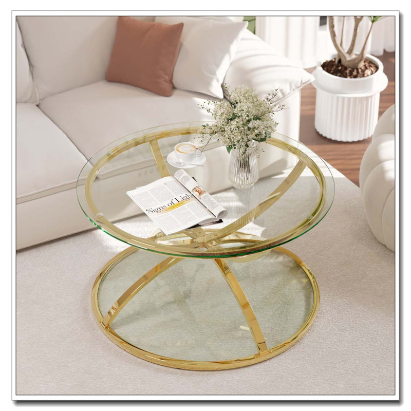 Table basse moderne en verre 31,50 "avec 2 niveaux, Doré