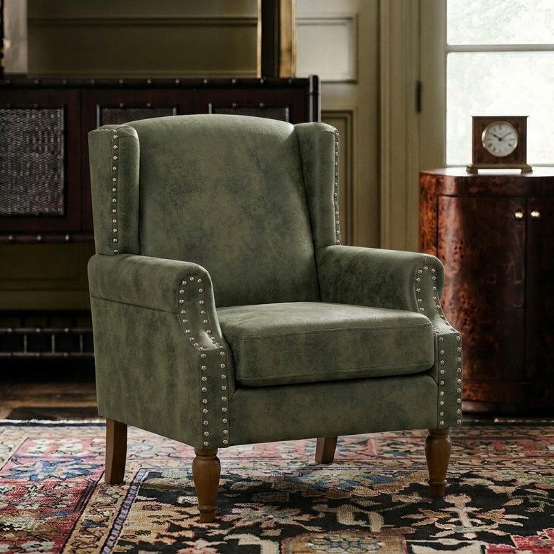 Bloom Rustic Style Upholstered Accent Chair with Armrest for Living Room, Olive Green