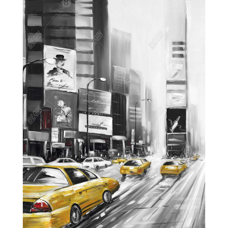 Times square and yellow taxis - 48"x60" Framed canvas