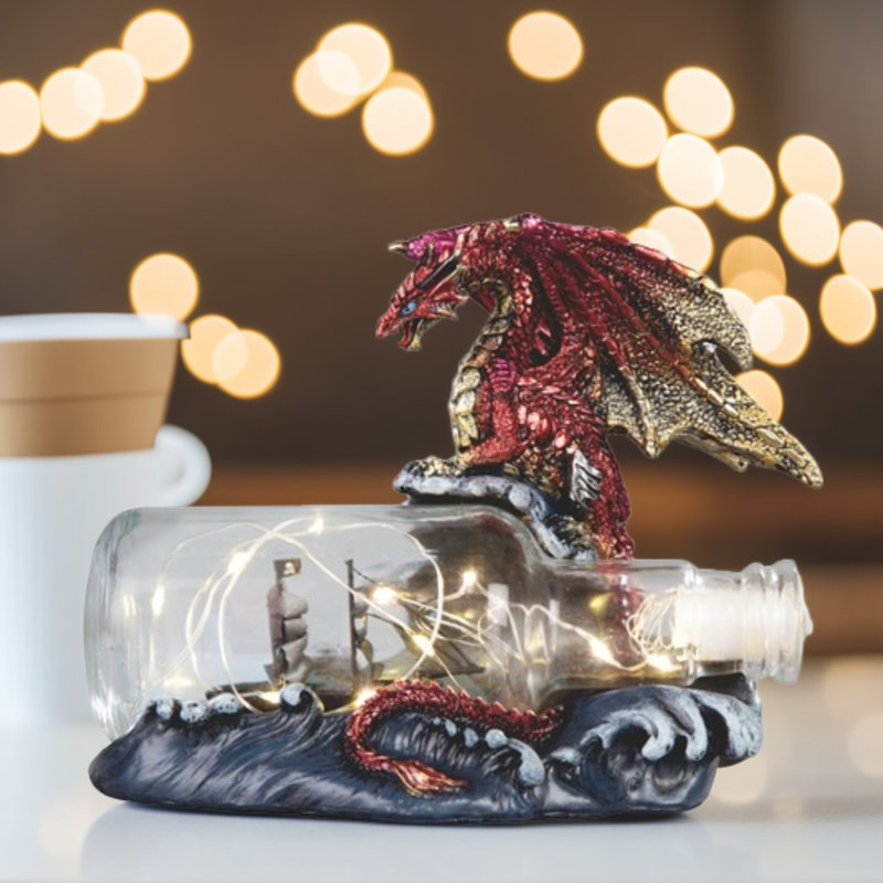 7"W LED Red Dragonwith Ship-in-Bottle Figurine