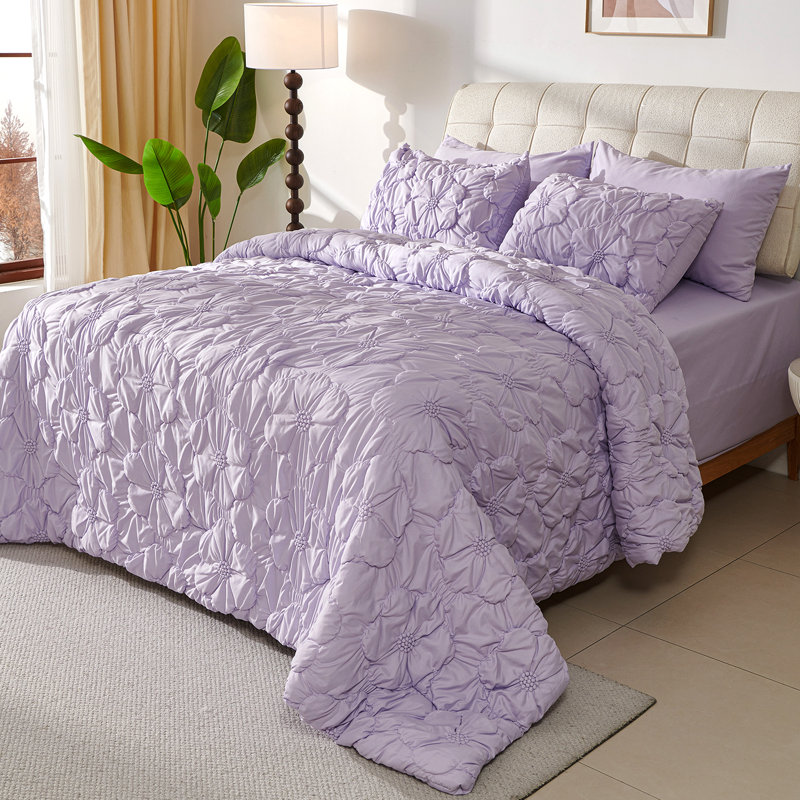 Ensemble d'édredon plissé 7 pièces Pintuck, ensemble de literie à ruche floral, Très grand édredon + 6 pièces supplémentaires