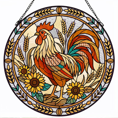 Rooster Sunflower Stained Glass Window Panel，12"H