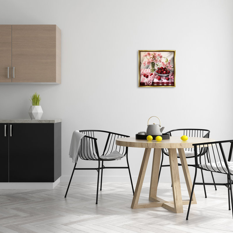 "Summer Cherries And Florals" par RB sur toile, Cadre flottant métallique doré, H 18 po x l 18 po