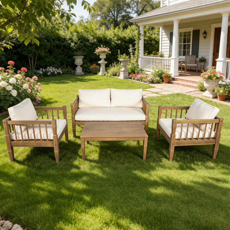 4-Piece Acacia Wood Patio Conversation Set | Deep Seating Outdoor Furniture With Water-Resistant Thick Cushions & Coffee Table | Non-Slip For Backyard Porch Balcony