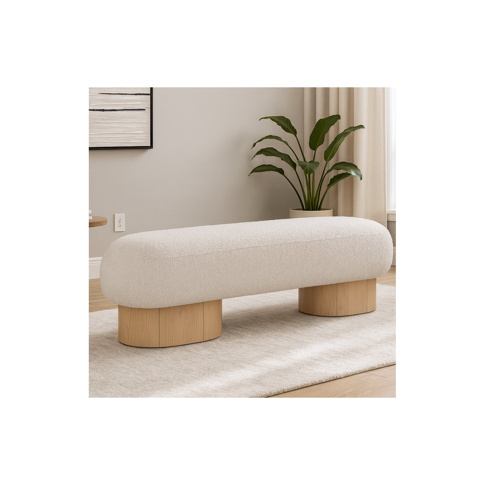 Denyer Boucle Fabric Upholstered Bench, Light Oak, Cream Boucle Fabric