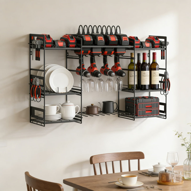 Organisateur mural d'outils électriques avec station de charge - 8 porte-perceuses, 7 tablettes et 4 supports à outils, Noir