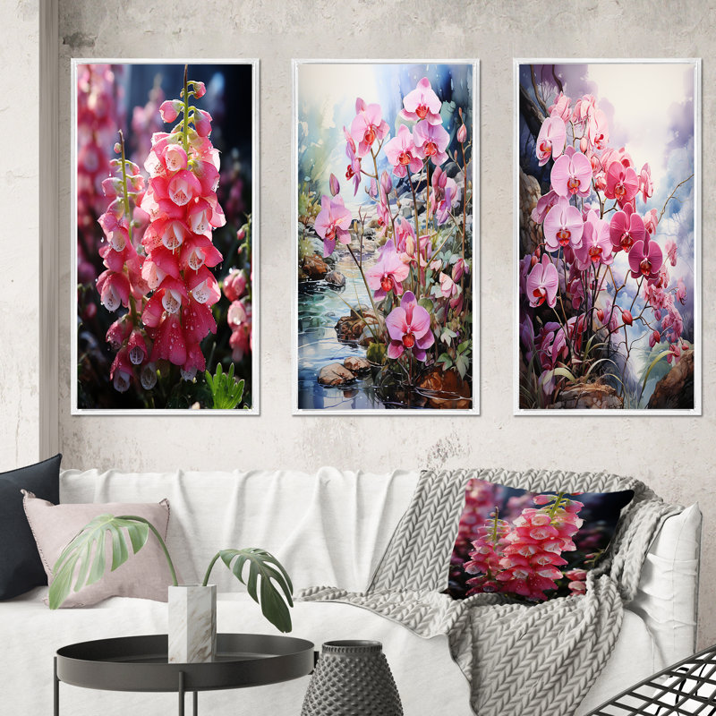 «Meadow Foxglove Fantasy», 3 pièces sur toile, Cadre flottant blanc, H 28 po x l 36 po