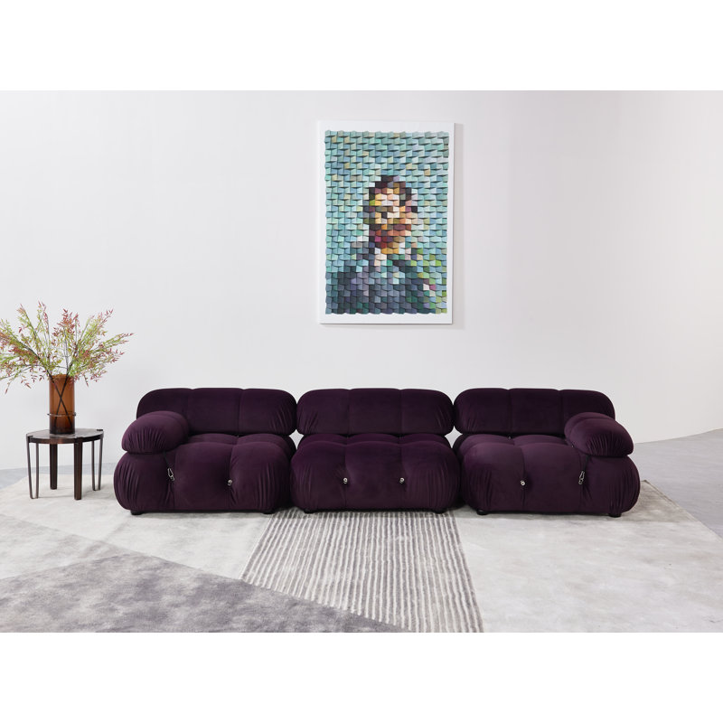 Purple Velvet Upholstered Sofa with Ottoman and Wood Frame