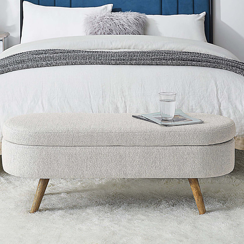 Banc de rangement repose-pieds ovale avec pieds en bois, Blanc