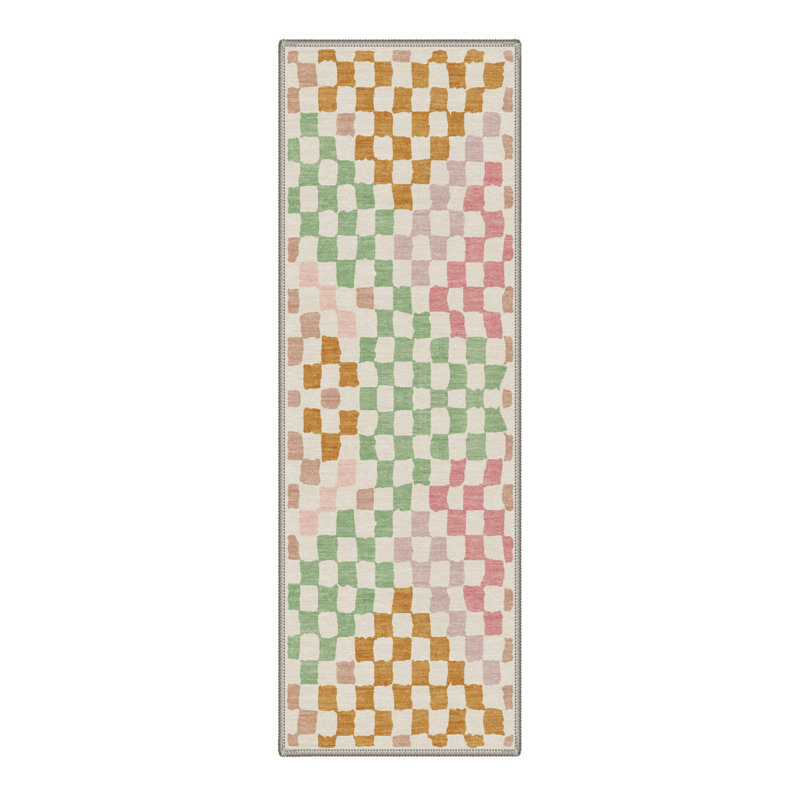 Tapis de couloir moderne à carreaux ondulés, lavable à la machine, vert, rose et beige, antidérapant, pour entrée ou cuisine.