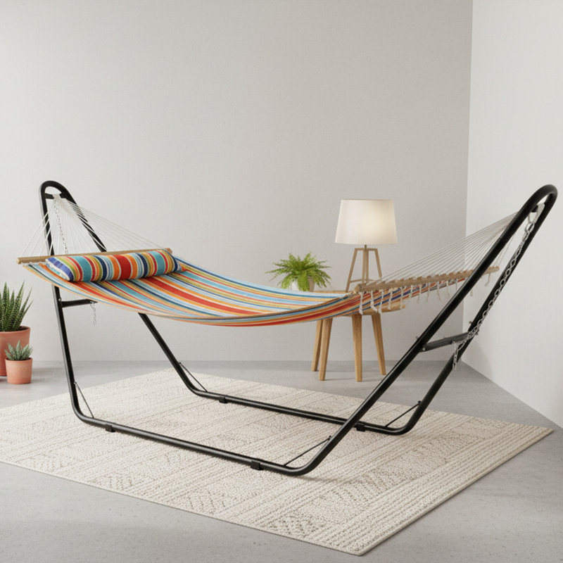 Hamac double en tissu matelassé pour 2 personnes avec coussin - rayures des Caraïbes - avec support, Orange/Blue